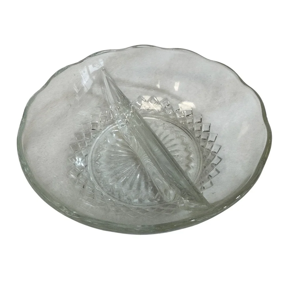 Vintage Clear Glass Divided‎ Relish Dish Scalloped Edge Serving Bowl